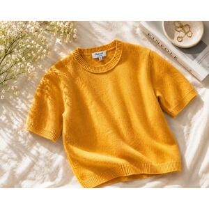 Madewell 100% Cashmere Short Sleeve Sweater XS Yellow Knit Pullover Soft Luxe